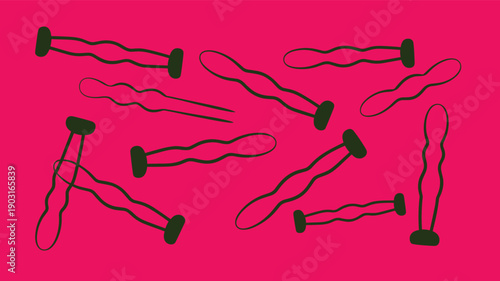 Pattern of wavy bobby pins scattered against a vibrant pink background, representing hair styling accessories and beauty tools in a fun and colorful design.