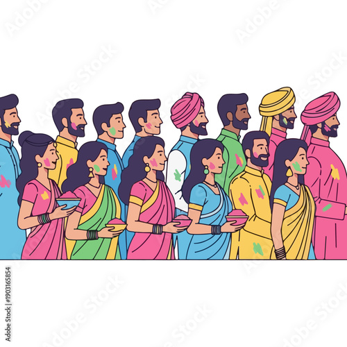 Group of Indian People Celebrating Holi Festival With Colorful Powder