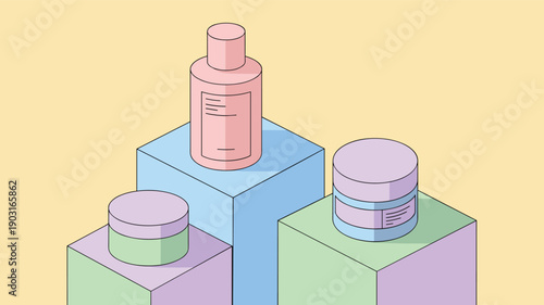 Isometric illustration of three skincare product containers including a bottle and jars placed on pastel-colored geometric pedestals for a modern display.