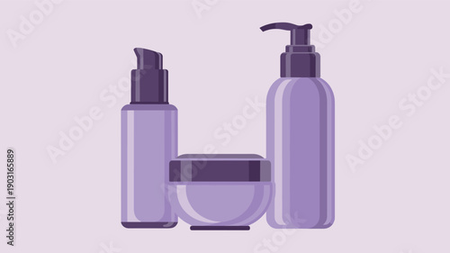 Set of purple skincare products including a tall pump bottle, a smaller pump bottle, and a jar, representing a cohesive beauty routine and packaging design.