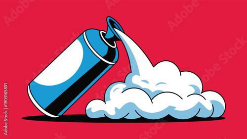 Illustration of a blue aerosol can dispensing a large cloud of white foam, suitable for shaving cream, hair mousse, or cleaning product visualizations.