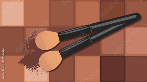 Top-down illustration of two makeup brushes with powder residue lying on a palette of brown eyeshadow or contour shades, depicting beauty tools and cosmetics.