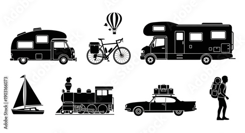 Collection of diverse transportation vehicles and travel icons.