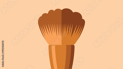 Close-up illustration of a large, fluffy makeup brush with two-toned bristles and a wooden handle, ideal for applying powder, blush, or bronzer.