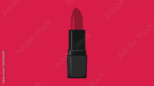 Illustration of a classic red lipstick in a black tube standing upright against a pink background, representing a staple beauty product and feminine style.