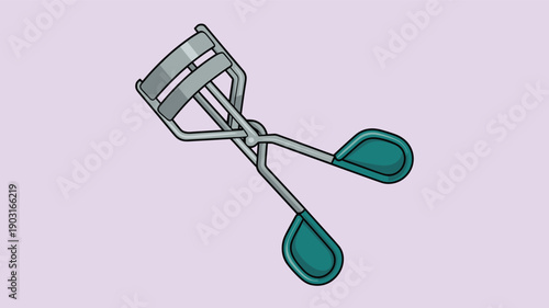 Illustration of a silver metal eyelash curler with teal rubber handles and pads, used for curling lashes to open up the eyes in makeup routines.
