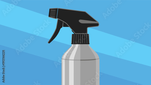 Illustration of a silver aluminum spray bottle with a black trigger nozzle, suitable for water, hair products, or cleaning solutions in a salon.