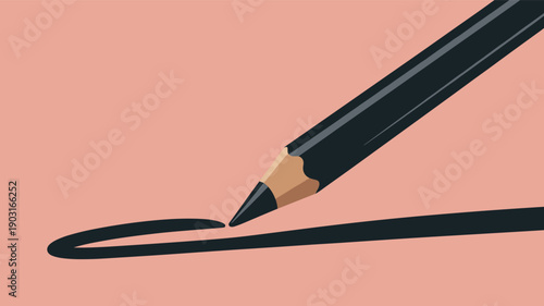 Close-up illustration of a black eyeliner or eyebrow pencil drawing a curved line on a pink background, representing makeup application and precision.
