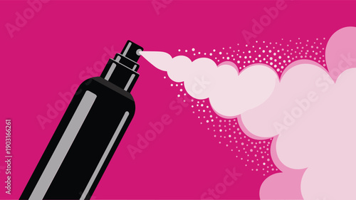 Illustration of a black spray bottle dispensing a large cloud of pink mist or fragrance against a bright pink background, symbolizing perfume or hairspray.
