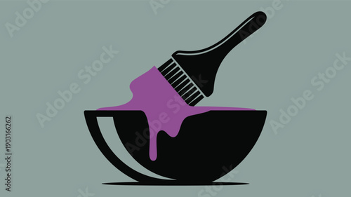 Illustration of a black mixing bowl filled with purple hair dye and a tinting brush resting inside, depicting hair coloring tools and salon processes.