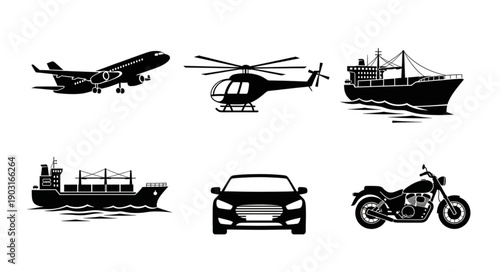 Collection of diverse transportation vehicles in silhouette.
