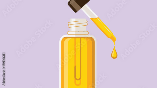 Illustration of an amber glass bottle with a dropper dispensing a yellow oil drop, representing vitamin C serum, essential oils, or skincare elixirs.