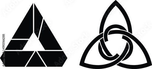 Abstract black geometric logo set with segmented triangle emblem and interlocking triquetra knot symbol for modern corporate branding