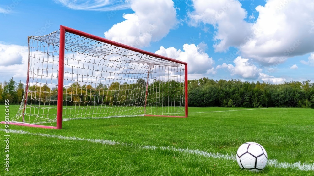 Fototapeta premium Scenic Soccer Goal on a Lush Green Field Under Bright Blue Sky with Fluffy Clouds