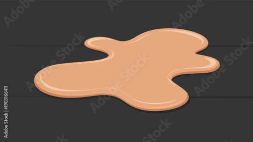 Spilled beige liquid forming an irregular puddle on a dark gray wooden surface representing accidents and mess in a simple flat vector illustration style.