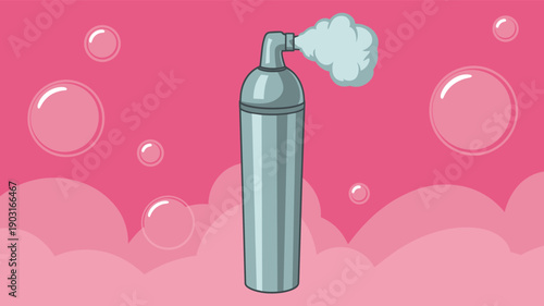 Silver metal spray can dispensing a cloud of white mist or hairspray against a pink bubbly background representing beauty and styling products in pixel art.