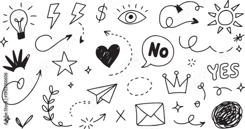 A clear black and white display of various musical notes and a treble clef for sheet music