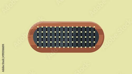 Top down view of a wooden oval hairbrush with black bristles and a brown handle on a beige background representing hair care and grooming tools vector art.