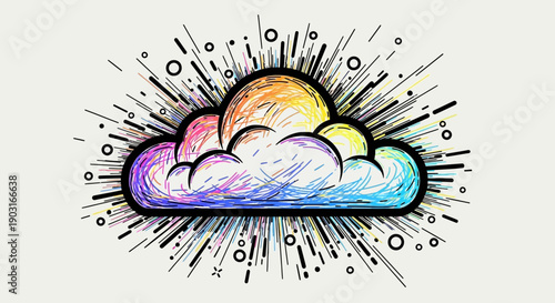 Vibrant sketch cloud with explosive radiant color burst symbolizing digital innovation and
