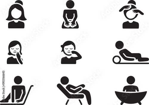 A collection of simple black and white icons representing relaxation, comfort, and self care activities