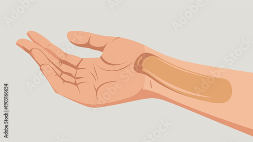 Illustration of a light skin tone forearm with a swatch of beige liquid foundation or concealer applied to it for color matching in a flat vector style.