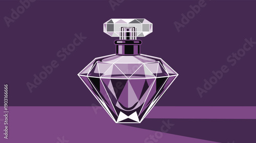 Purple diamond-shaped perfume bottle with a crystal cap sitting on a surface against a purple background representing luxury fragrance in vector illustration.