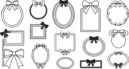 A collection of various black and white frames adorned with bows and ribbons in different shapes and sizes