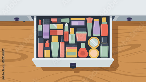 Top-down view of an open wooden drawer neatly organized with various makeup products like lipsticks, bottles, and palettes in a flat vector illustration.