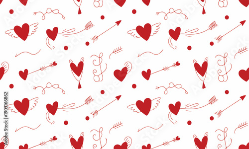 A delightful seamless pattern features small red hearts with wings, arrows, and dots on a pristine white surface