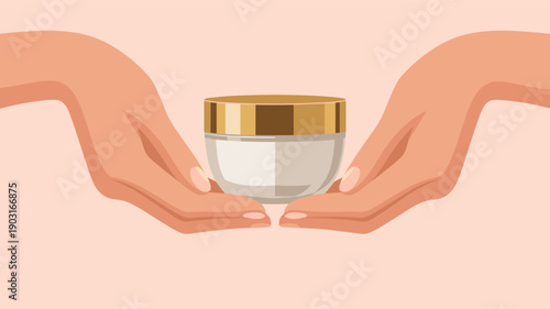 Two hands gently cradling a white jar with a gold lid representing skincare product presentation and care in a flat vector illustration style.