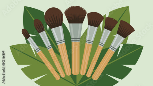 Collection of various makeup brushes with wooden handles arranged in a fan shape against green tropical leaves in a flat vector illustration style.