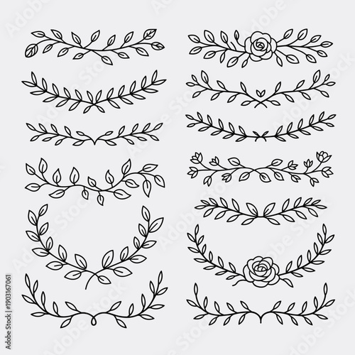 Set of twelve hand-drawn black and white floral dividers, laurels, and wreaths featuring leaves and roses for design ornamentation in vector style.