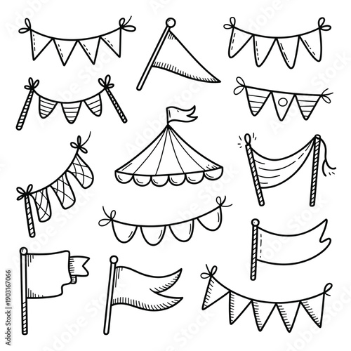 Collection of hand-drawn black and white festive bunting, flags, and circus tent illustrations for celebration designs in a vector doodle set.