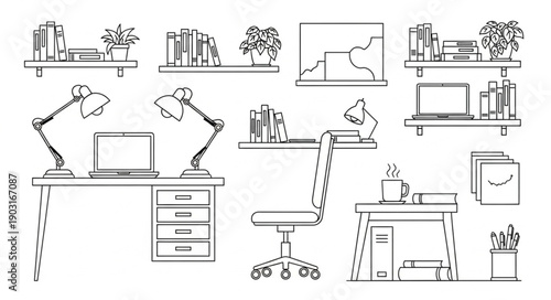 Hand drawn illustration of a home office setup with desk and shelves.