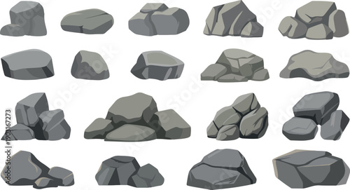Assorted collection of cartoon style gray rocks and stones in various shapes and sizes