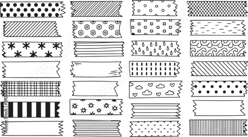 Collection of black and white patterned decorative washi tapes with jagged edges for crafting projects