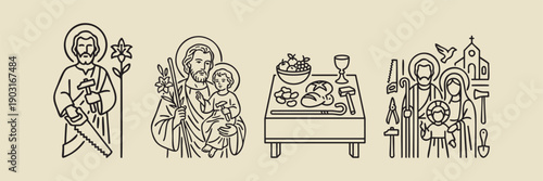 Saint Joseph Holy Family Religious Illustrations Set Christian Faith Symbols