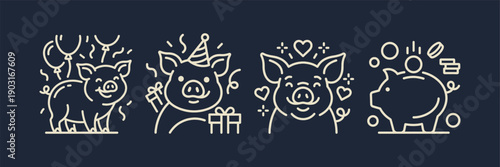 4 Sets of Happy Pig Graphics Celebrating Birthday and Savings
