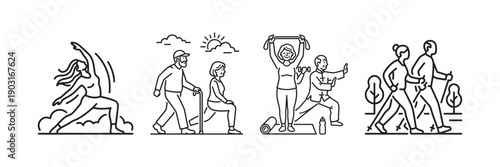 4 Sets of Line Drawings Illustrating Active Senior Fitness Activities