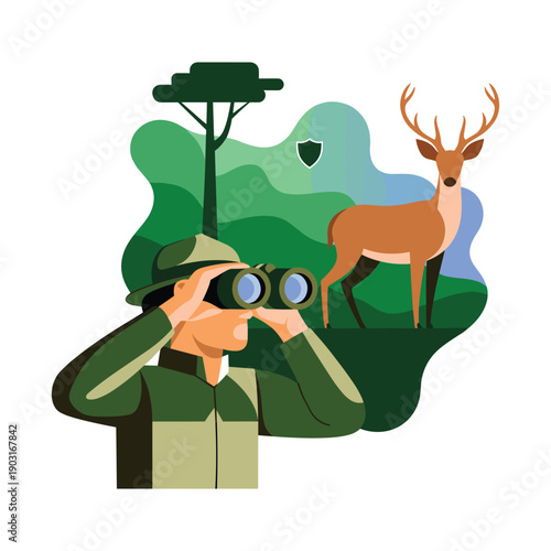 Illustration of a park ranger or hunter using binoculars to observe a wild deer in a green forest setting symbolizing wildlife conservation or nature exploration.