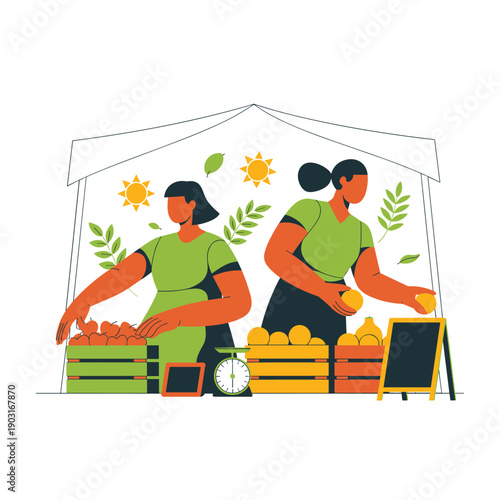 Illustration of two women working at a farmers market stall arranging fresh oranges and produce in crates with nature elements in the background.