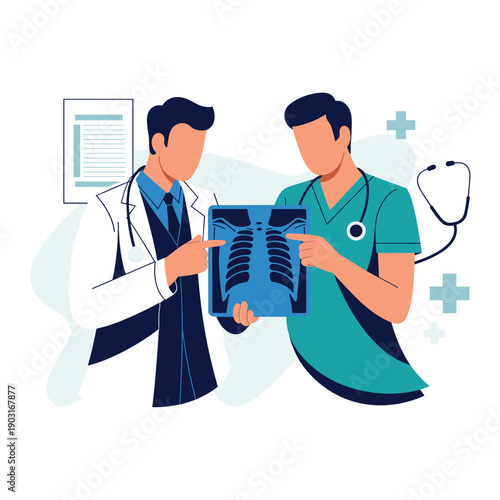 Two medical professionals, a doctor and a specialist, examining a patient's chest x-ray image to discuss diagnosis and treatment options.