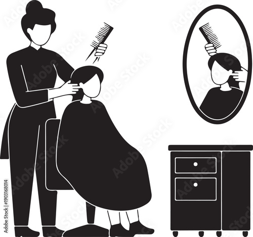 Professional hairdresser styles a clients hair in a salon showing reflection in a nearby mirror