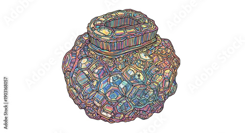 Vibrant abstract crystalline vessel artwork with intricate geometric patterns isolated on white