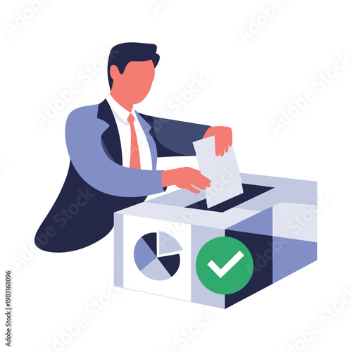 Man in a business suit casting a vote into a ballot box featuring charts and a checkmark symbol representing elections and democratic processes.