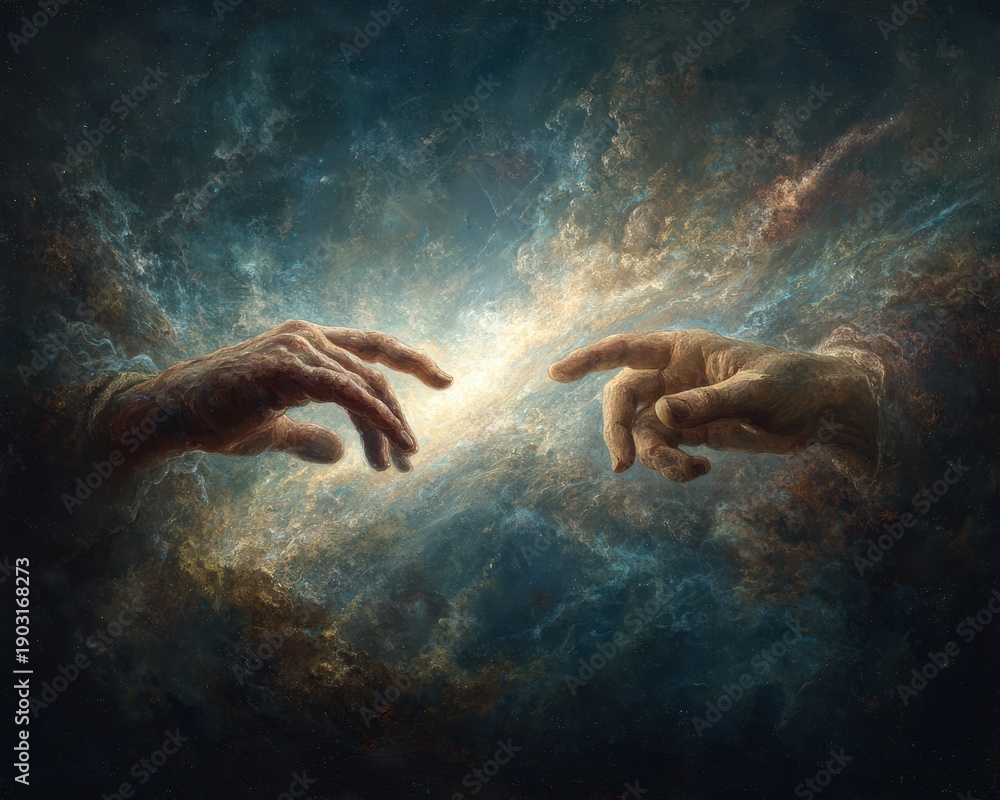 Fototapeta premium God creating adam, connecting two hands