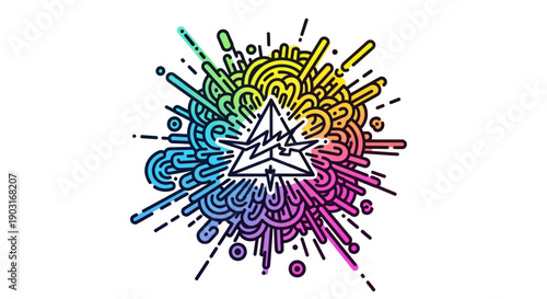 Vibrant geometric explosion of rainbow colors with a dynamic central symbol and energetic lines