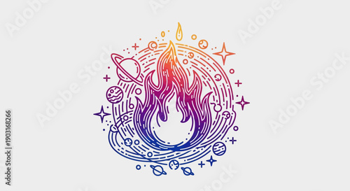 Gradient Cosmic Flame and Planetary System Line Art Digital Illustration