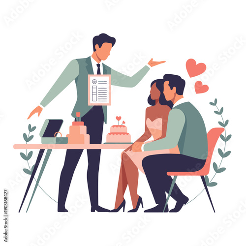 Wedding planner showing a checklist to a couple sitting at a table with a wedding cake and decorations representing event planning.