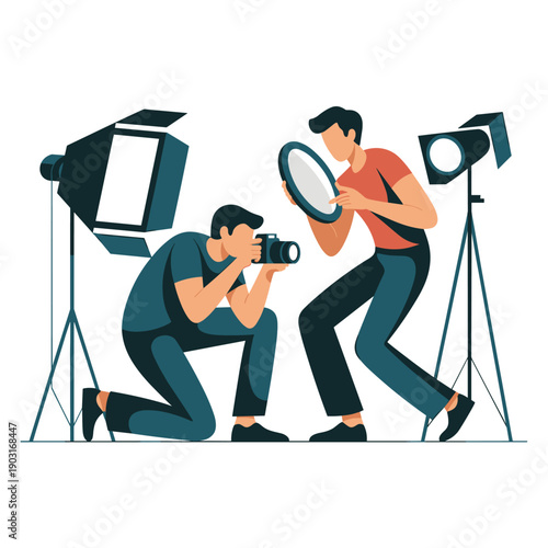 Photographer taking a picture with a camera while an assistant holds a reflector in a studio setting with lighting equipment.